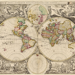 Riproduzione di poster della mappa del mondo antico Orbis terrarum nova et accuratissima tabula di Nicolaes Visscher