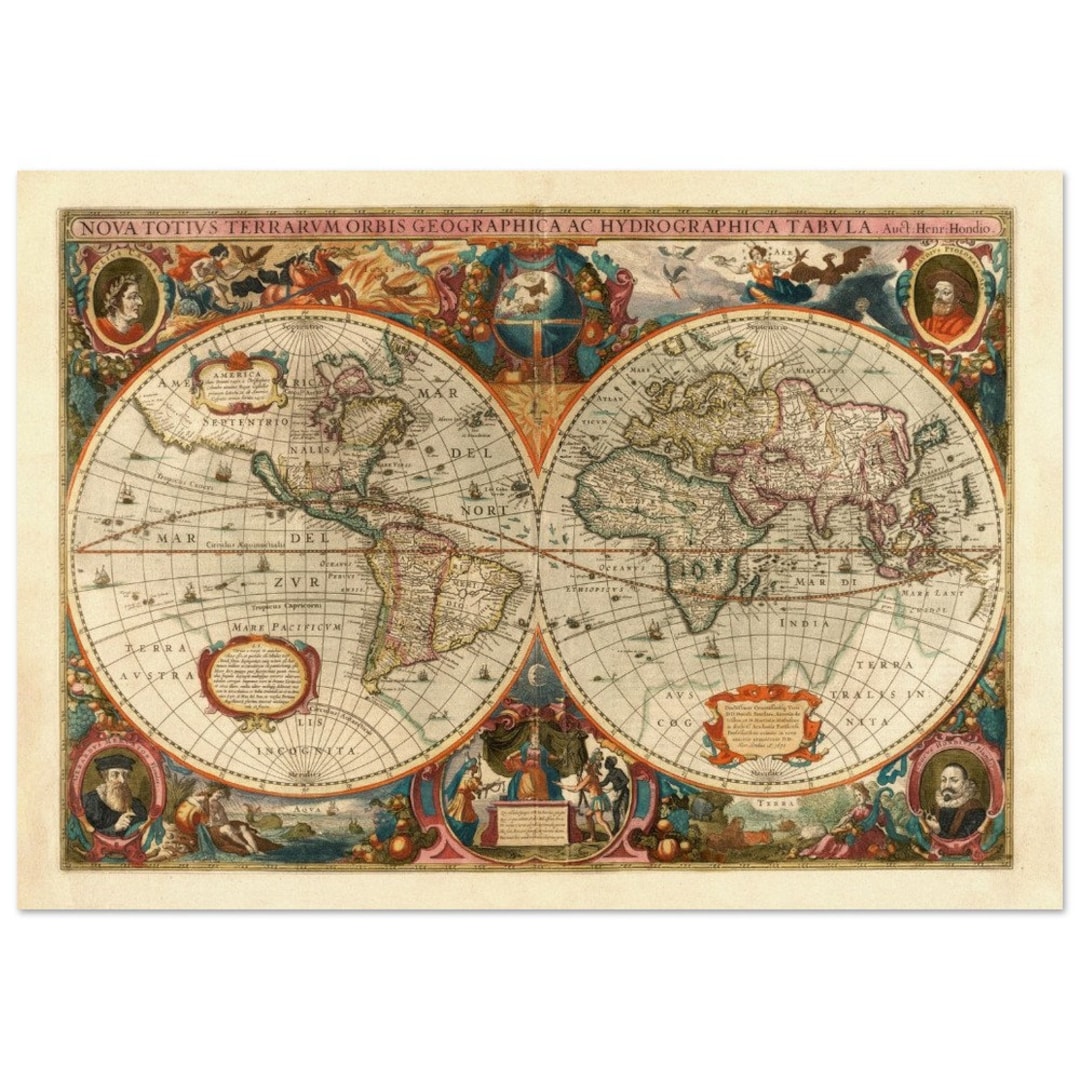 1638 Double Hemisphere Old World Map. Antique Illustrated Map. Fine Art ...