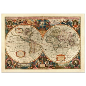 Mappa del mondo antico a doppio emisfero del 1638. Antica mappa illustrata. Stampa artistica e tela. Decorazione murale rimasterizzata.