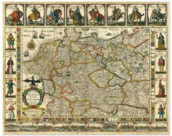 May include: Antique map of Germany, featuring detailed cartography with intricate borders and text. The map is adorned with illustrations of figures, ships, and cityscapes, and is framed by decorative borders. The color palette includes beige, brown, and green.