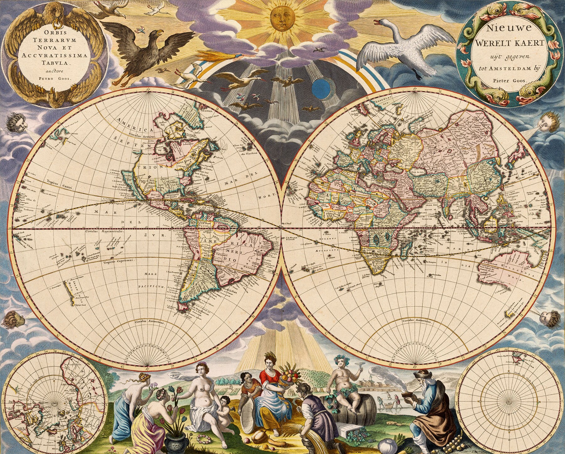 Beautiful Antique World Map Reproduction Of The Xvii Century Vintage