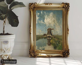 ポール・ガブリエルによる19世紀のオランダの古い風車の絵画。ファイン