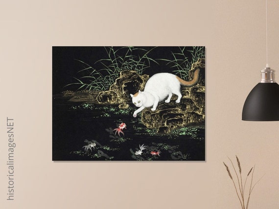 池の猫と魚。沈振林による東洋の古画。ファインアートプリント
