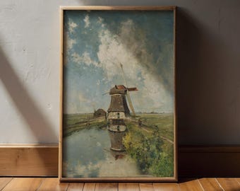 ポール・ガブリエルによる19世紀のオランダの古い風車の絵画。ファイン