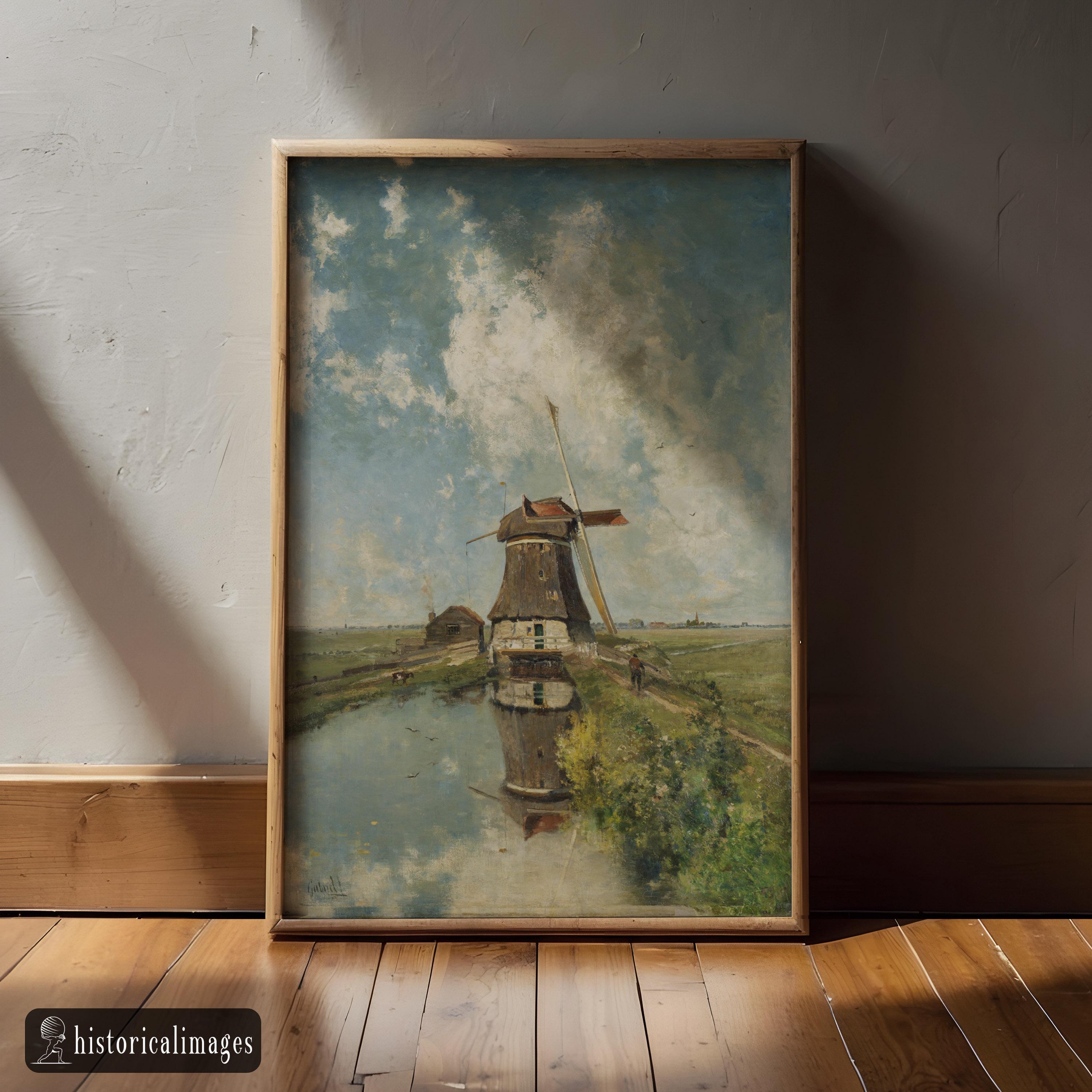 ポール・ガブリエルによる19世紀のオランダの古い風車の絵画。ファイン