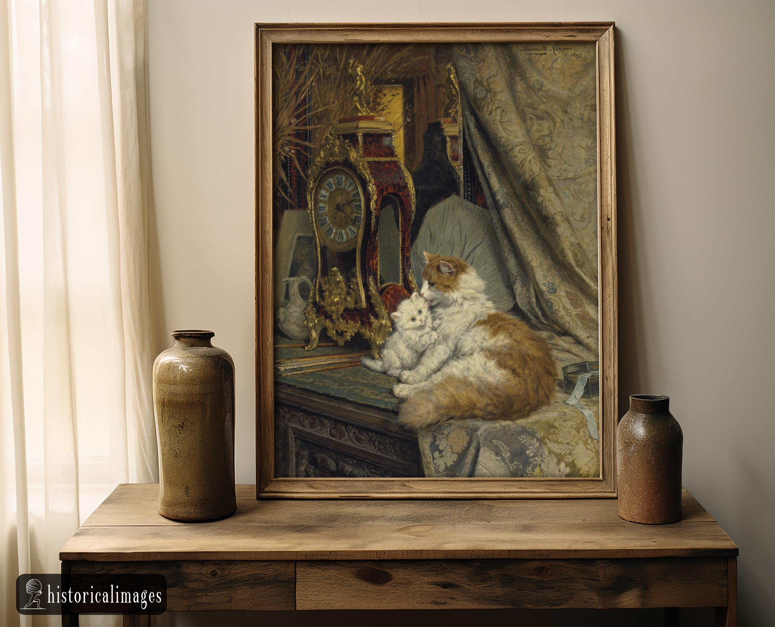 A Mother Cat and Her Kitten With a Bracket Clock by Henriette Ronner ...