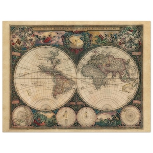 二重半球の古い世界地図。古代地図のアートプリント。再製図のポスター。ウォールアートの複製
