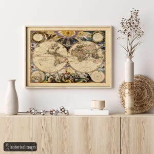Beautiful Antique World Map Reproduction Of The Xvii Century Vintage
