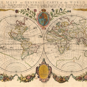 Antique world map poster reproduction by Richard Blome 1670