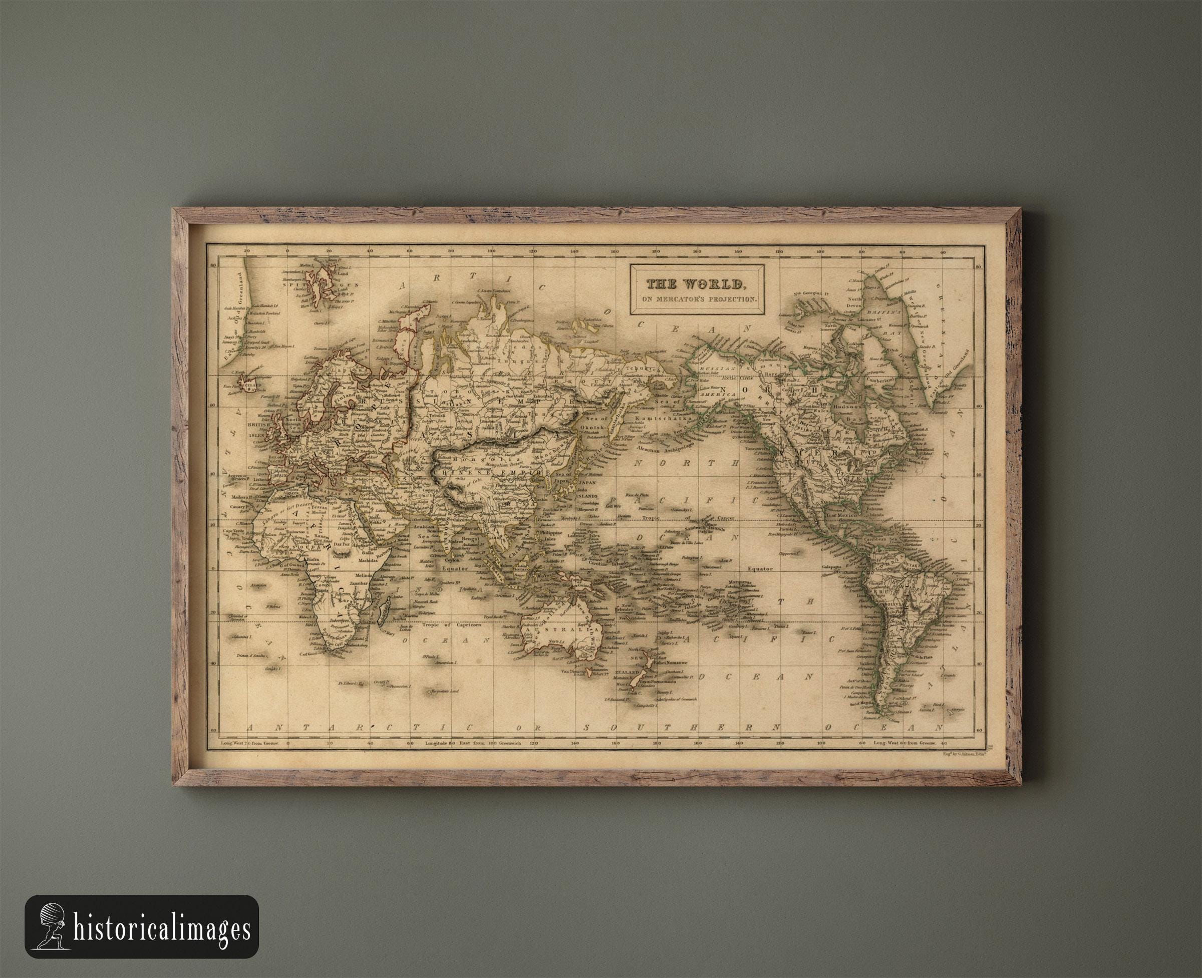 メルカトル図法による古いヴィンテージ世界地図。1840年製 プレミアム