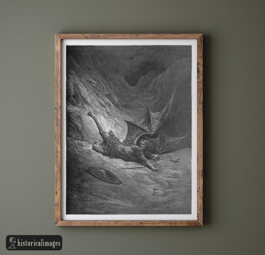 Gustave Dore Paradise Lost Engraving Print Reproduction. Satan Wounded ...
