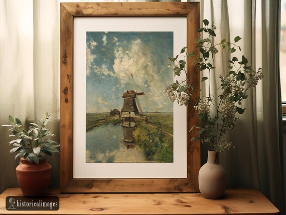 ポール・ガブリエルによる19世紀のオランダの古い風車の絵画。ファイン