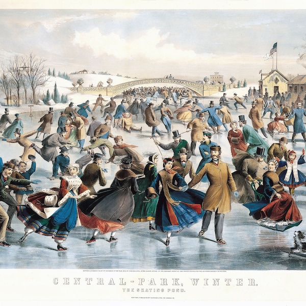 The skating pond in Central Park in New York City antique illustration. DIGITAL DOWNLOAD. Printable wall art.