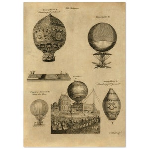 Frühe Ballonfahrten in Frankreich. Jahrhundert Illustration Zeichnung. Fine Art Druck. Wand Kunst Dekor