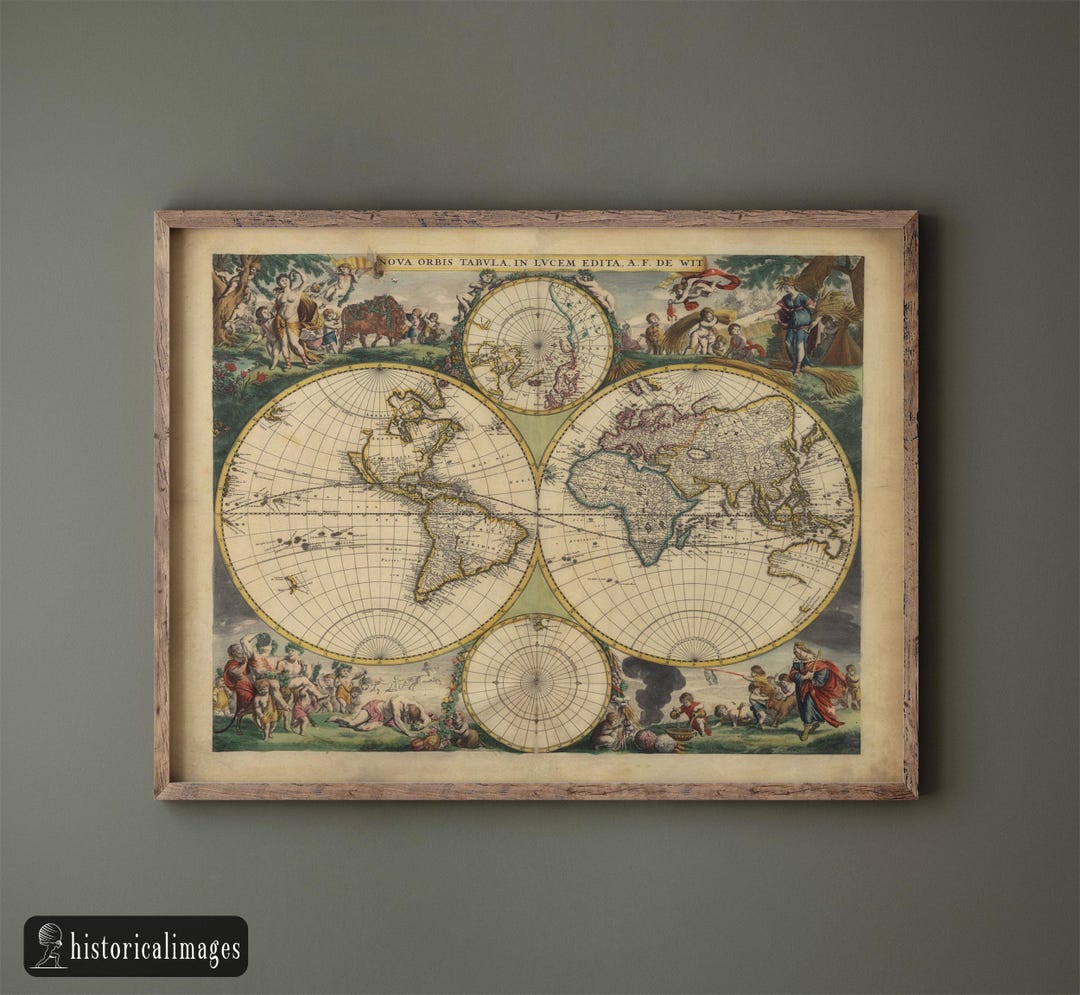 1688年古代世界地図。美しい両半球のアンティーク古地図の複製。リ