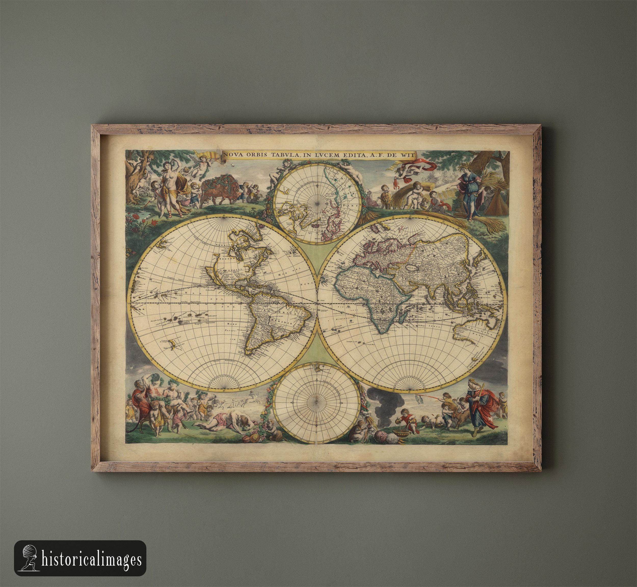 1688年古代世界地図。美しい両半球のアンティーク古地図の複製。リ