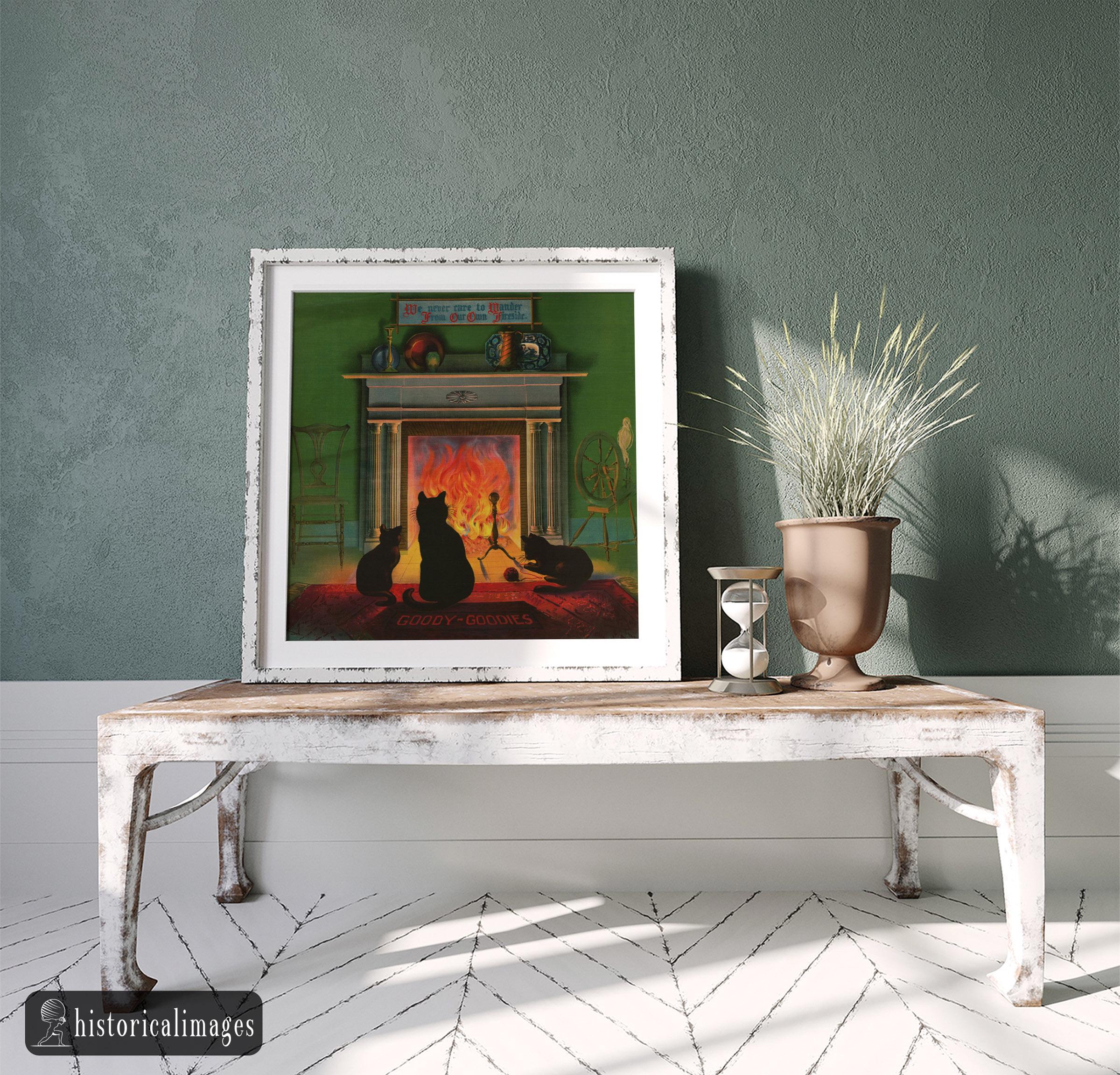額縁 vintage cat poster Flame Cats in Front of Fireplace Vintage Print 1906 Poster