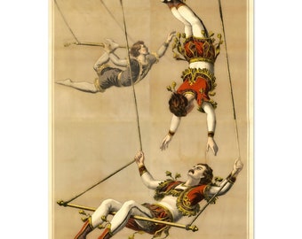 Vintage old circus acrobats poster. Remastered fine art print reproduction