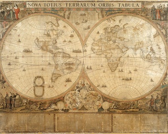 Ancient historic world double hemisphere map of 1660 Reproduction poster