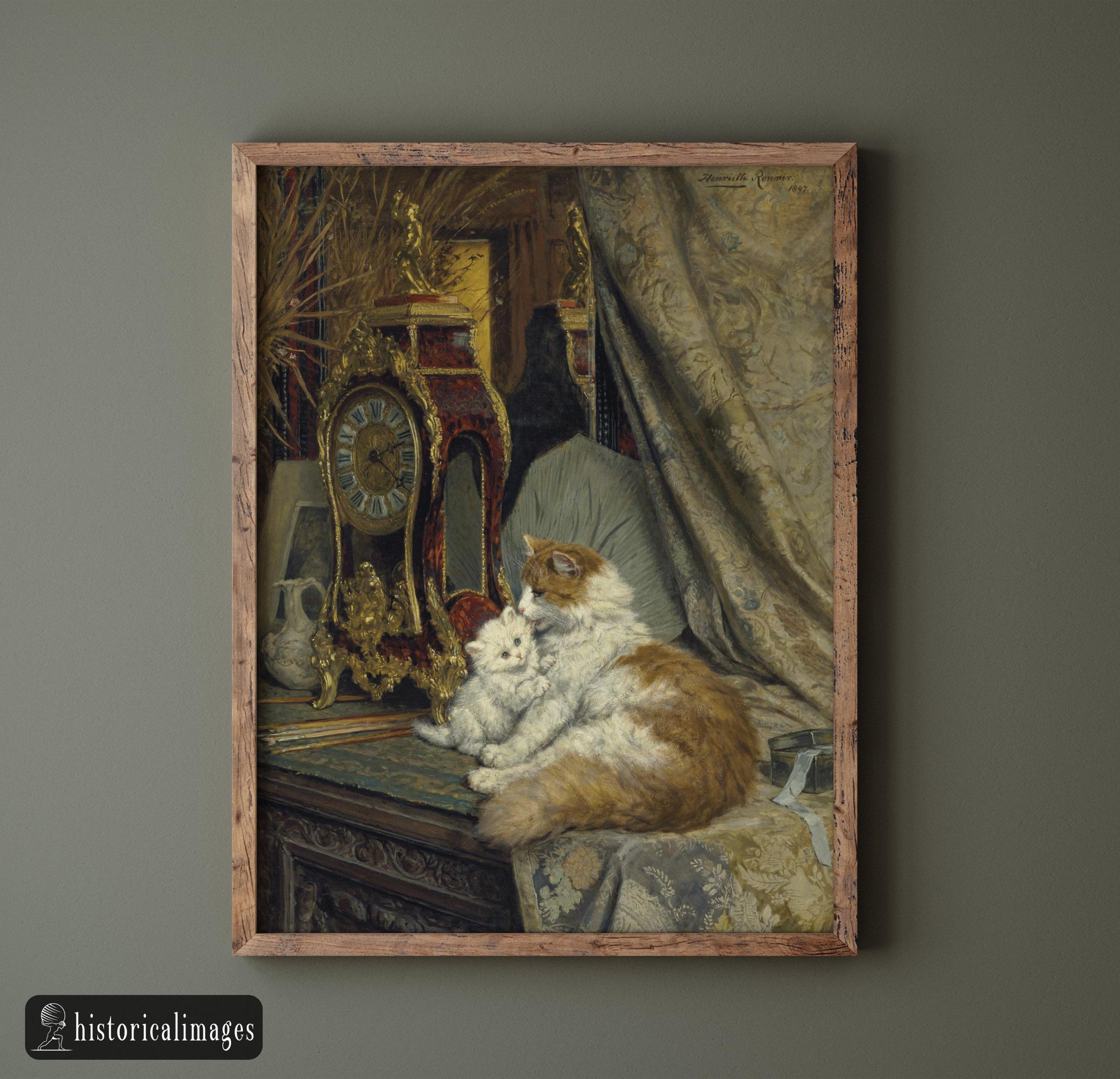 A Mother Cat and Her Kitten With a Bracket Clock by Henriette Ronner ...