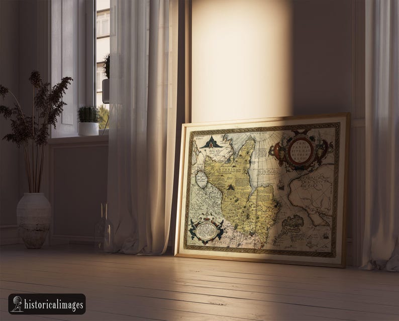 May include: A framed antique map with a detailed cartographic design, featuring intricate details and a vintage aesthetic. The map is displayed on a wooden floor, leaning against a wall near a window with sheer curtains. The image includes the text "historicalimages".