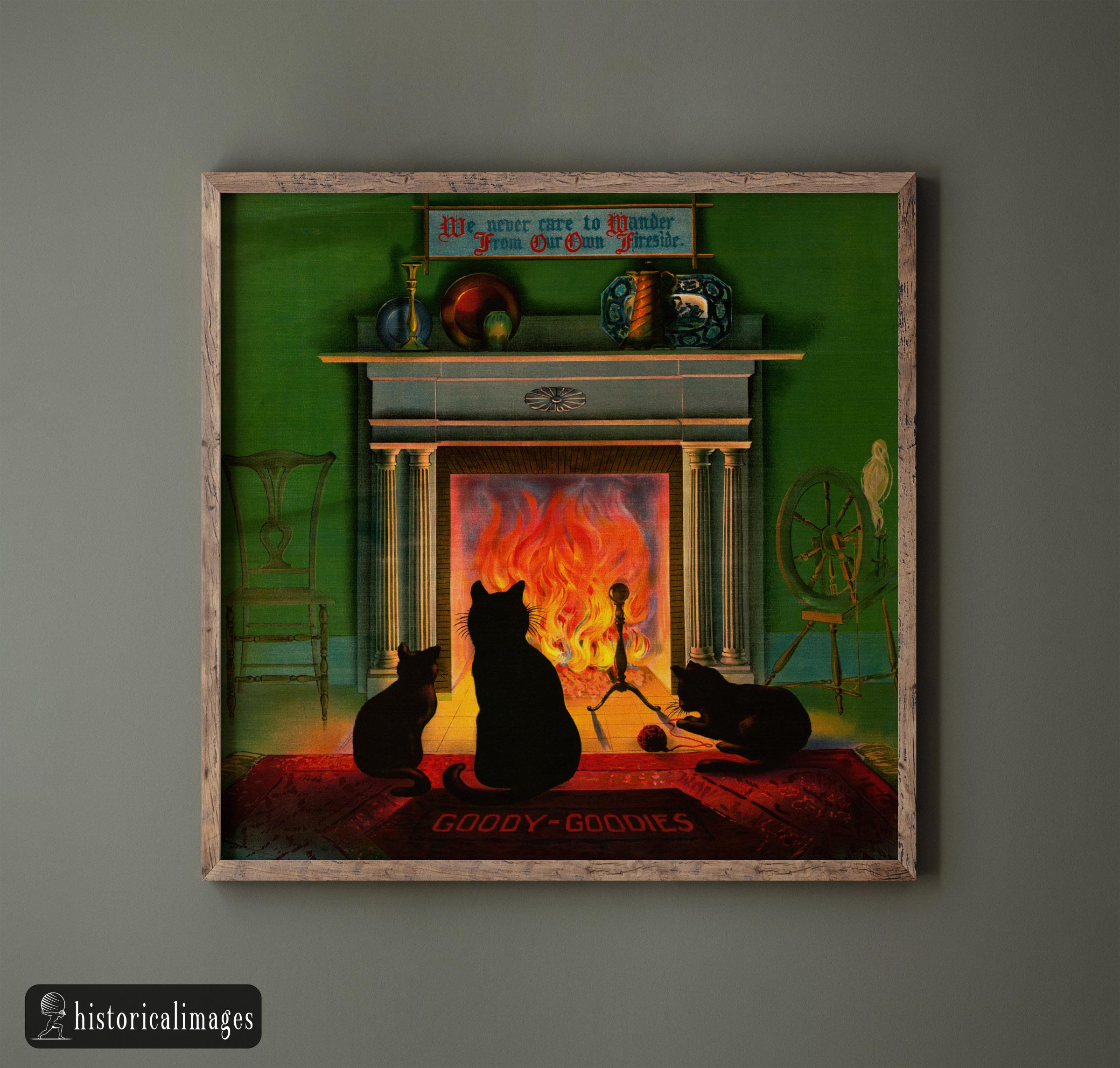 額縁 vintage cat poster Flame Cats in Front of Fireplace Vintage Print 1906 Poster