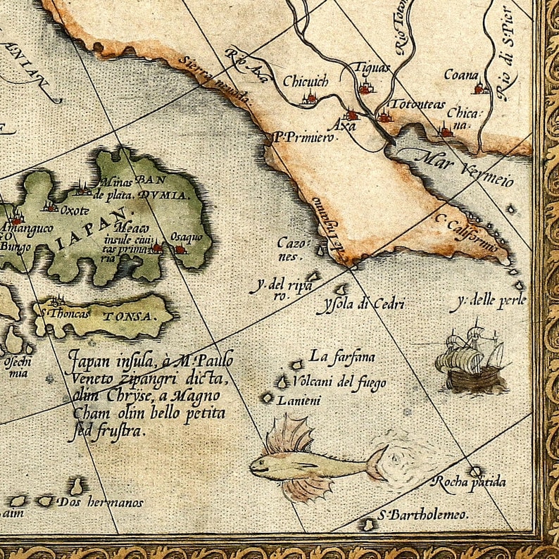 May include: A detailed section of a vintage map, featuring geographical details and text labels. The map depicts coastal regions, islands, and bodies of water, with illustrations of ships and a stylized fish. The map is framed with a decorative border.