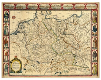 May include: Aged map of Germany with detailed cartography, featuring text that reads "A Newe Mape of Germany." The map is framed with illustrations of figures and cityscapes, and is printed on a parchment-like paper.