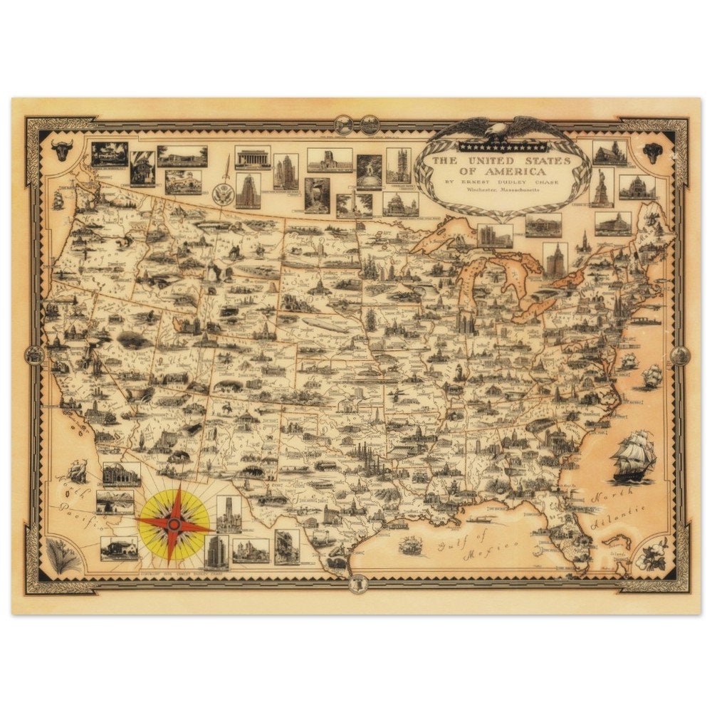 Pictorial Old Map of the United States of America. Fine Art Print ...