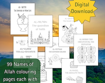 99 names of Allah colouring pages fun images to color, islamic printable colouring pages for children, Islamic learning activity for kids.
