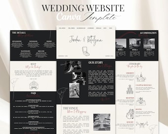 Op de afbeelding: Een digitale trouwwebsite Canva-sjabloon met een zwart, wit en rood kleurenschema. De lay-out bevat secties voor details, RSVP, veelgestelde vragen, ons verhaal, locatie, accommodatie en reisschema met lijntekeningen en tijdelijke tekst.