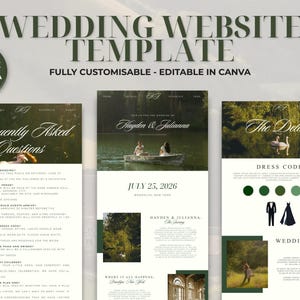 Könnte beinhalten: Eine Hochzeitswebsite-Vorlage mit einem grün-weißen Farbschema. Das Design umfasst Abschnitte für häufig gestellte Fragen, Hochzeitsdetails und Informationen zum Paar. Der Text "WEDDING WEBSITE TEMPLATE" steht oben.