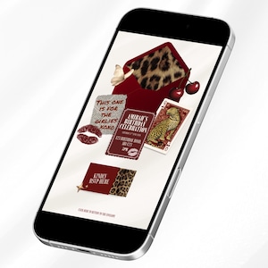May include: A smartphone displaying a digital birthday invitation with a maroon envelope, leopard print, cherries, a butterfly, and a playing card featuring a leopard. Text includes "THIS ONE IS FOR THE GIRLIES XOXO", "AMIRAH'S BIRTHDAY CELEBRATION", and "KINDLY RSVP HERE".