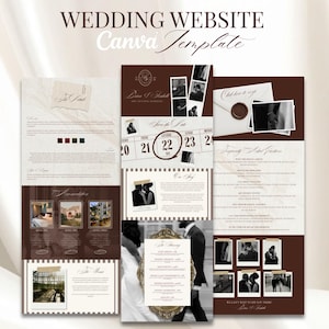 May include: A wedding website Canva template with a brown and cream color scheme. The design includes sample text, photos, and a calendar highlighting the wedding date. The words "Wedding Website Canva Template" are at the top.