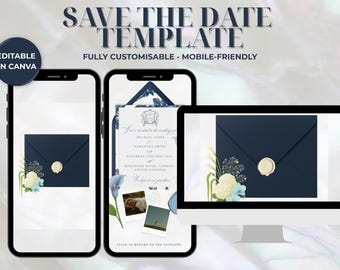 Navy Blue Save the Date Website Template | Digital Wedding Announcement | Editable Canva Template