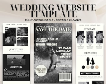 Op de afbeelding: Een zwart-wit trouwwebsite sjabloon met de tekst "WEDDING WEBSITE TEMPLATE" en "FULLY CUSTOMISABLE - EDITABLE IN CANVA". Het ontwerp bevat een "SAVE THE DATE" magazine cover, routebeschrijving en dresscode secties.