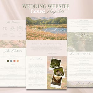 May include: A wedding website Canva template with a soft, neutral color palette. The design includes sections for the timeline, details, story, and RSVP. The template features a landscape photo and the text "Wedding Website Canva Template."