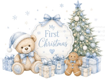 Pierwsze Boże Narodzenie Chłopca PNG | Akwarela świąteczna | Niebieskie Boże Narodzenie Dziecka PNG | Miś Teddy Bear Christmas | Pierwsze Boże Narodzenie