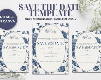 Blue Floral Save the Date Template | Editable in Canva | A6 Wedding Card | Printable Wedding Stationery