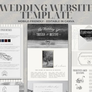 Peut inclure: Un modèle de site web de mariage avec une palette de couleurs neutres. La conception comprend des sections pour les détails, l'histoire et les questions fréquemment posées. Le texte "WEDDING WEBSITE TEMPLATE" est en haut, avec "MOBILE-FRIENDLY - EDITABLE IN CANVA" en dessous.