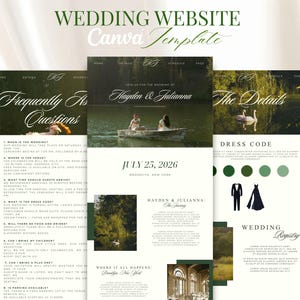 May include: A digital wedding website Canva template featuring three vertical page layouts. The design includes sections for Frequently Asked Questions, a hero image of a couple in a boat, and event details with text in dark green and black.