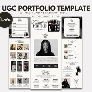 May include: A digital UGC portfolio template featuring a black and white layout with the text UGC PORTFOLIO TEMPLATE, EDITABLE IN CANVA & MOBILE-OPTIMISED. The design includes sections for a creative portfolio, brand highlights, and investment guide.