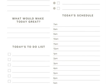 May include: A beige daily planner with the words "DAILY PLAN" at the top. The planner includes sections for gratitude, priorities, schedule, to-do list, and goals. The text is in a simple, elegant font.