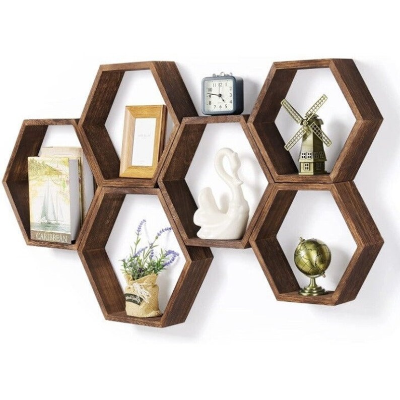 Brown Hexagon Floating Shelves set of 6 Wall Etsy