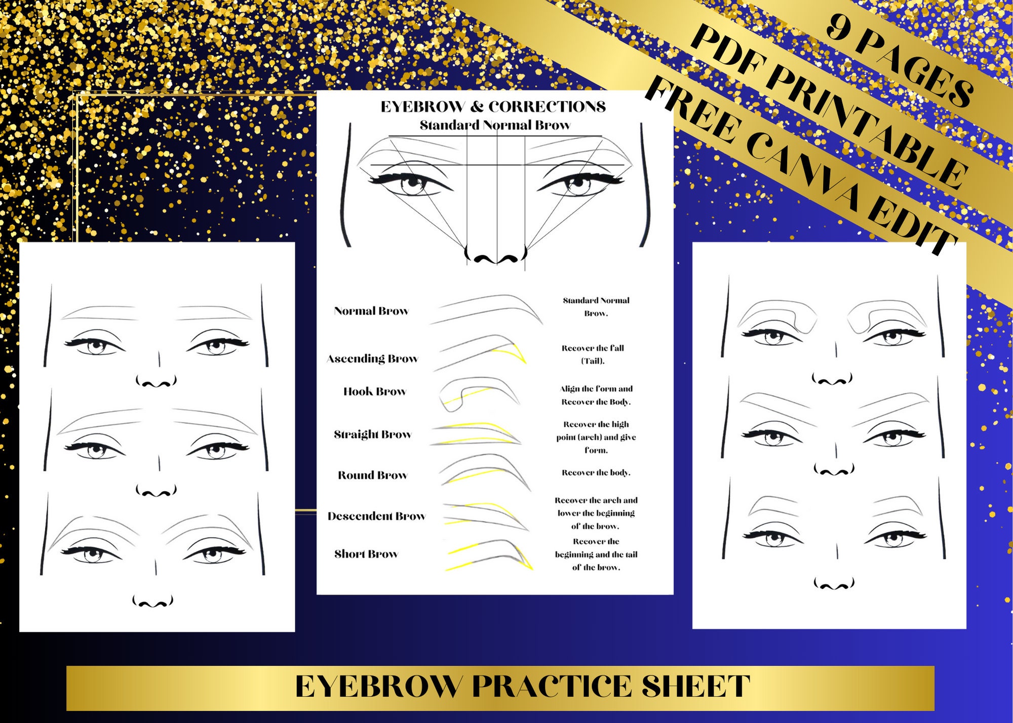 Editable Eyebrow Practice, Brow Templates, Brow Mapping Practice Sheet