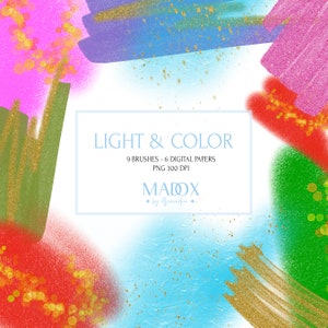 May include: A digital art set of 9 brushes and 6 digital papers with a light and colorful theme. The image features abstract brushstrokes in various colors, including pink, blue, green, and red, with gold glitter accents. The text "LIGHT & COLOR" is displayed in a white box with the words "9 BRUSHES - 6 DIGITAL PAPERS" and "PNG 300 DPI" below it. The text "MALOX by Alexandra" is displayed below the box.