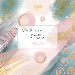 Puede incluir: Una descarga digital de 16 imágenes de clipart de acuarela abstracta en rosa, azul y dorado. Las imágenes son perfectas para crear diseños digitales, invitaciones y gráficos para redes sociales. El texto "MADOX PALETTE 16 CLIPARTS PNG 300 DPI MADOX by Alexandra" está incluido en la imagen.