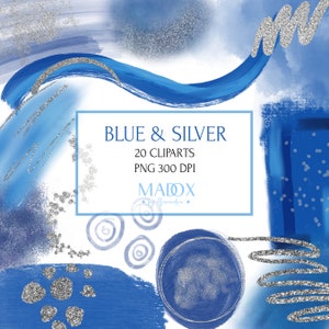 Puede incluir: Un conjunto de 20 imágenes de clipart digitales que presentan formas abstractas, remolinos y puntos azules y plateados. Las imágenes son en formato PNG y 300 DPI. El texto "BLUE & SILVER 20 CLIPARTS PNG 300 DPI" está incluido en la imagen.