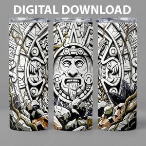 Puede incluir: Tres vasos de acero inoxidable con un diseño en blanco y negro inspirado en los mayas. El diseño presenta una cara de piedra tallada con la lengua fuera, rodeada de formas geométricas y formaciones rocosas. El texto "DIGITAL DOWNLOAD" está en la parte superior.