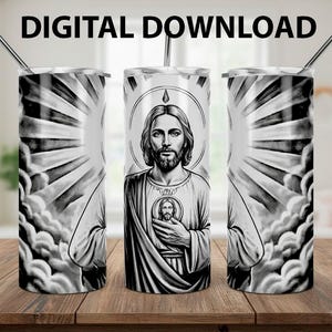 Könnte beinhalten: Drei Edelstahlbecher mit einer Schwarz-Weiß-Illustration von Jesus Christus. Der mittlere Becher zeigt ein detailliertes Porträt, während die seitlichen Becher ein strahlendes Sonnenstrahlendesign zeigen. Der Text "DIGITAL DOWNLOAD" steht oben.